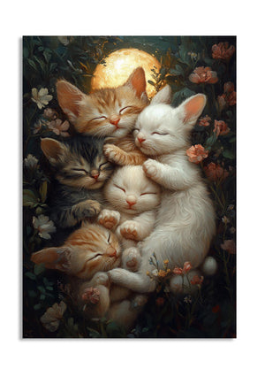 Illustration of four sleeping kittens surrounded by flowers and a full moon, as a premium aluminum metal print from GoMetalPrint.

