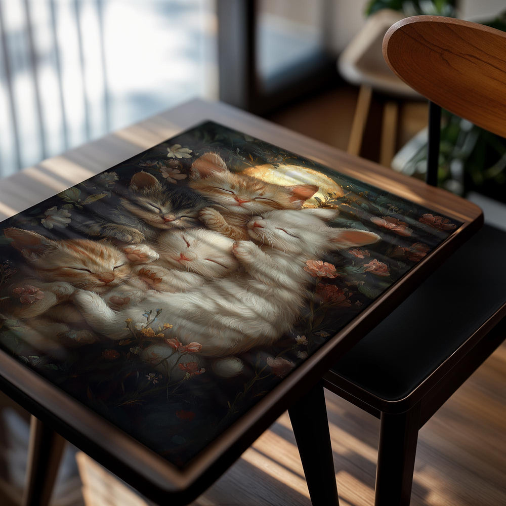 Illustration of four sleeping kittens surrounded by flowers and a full moon, as a premium aluminum metal print from GoMetalPrint.
