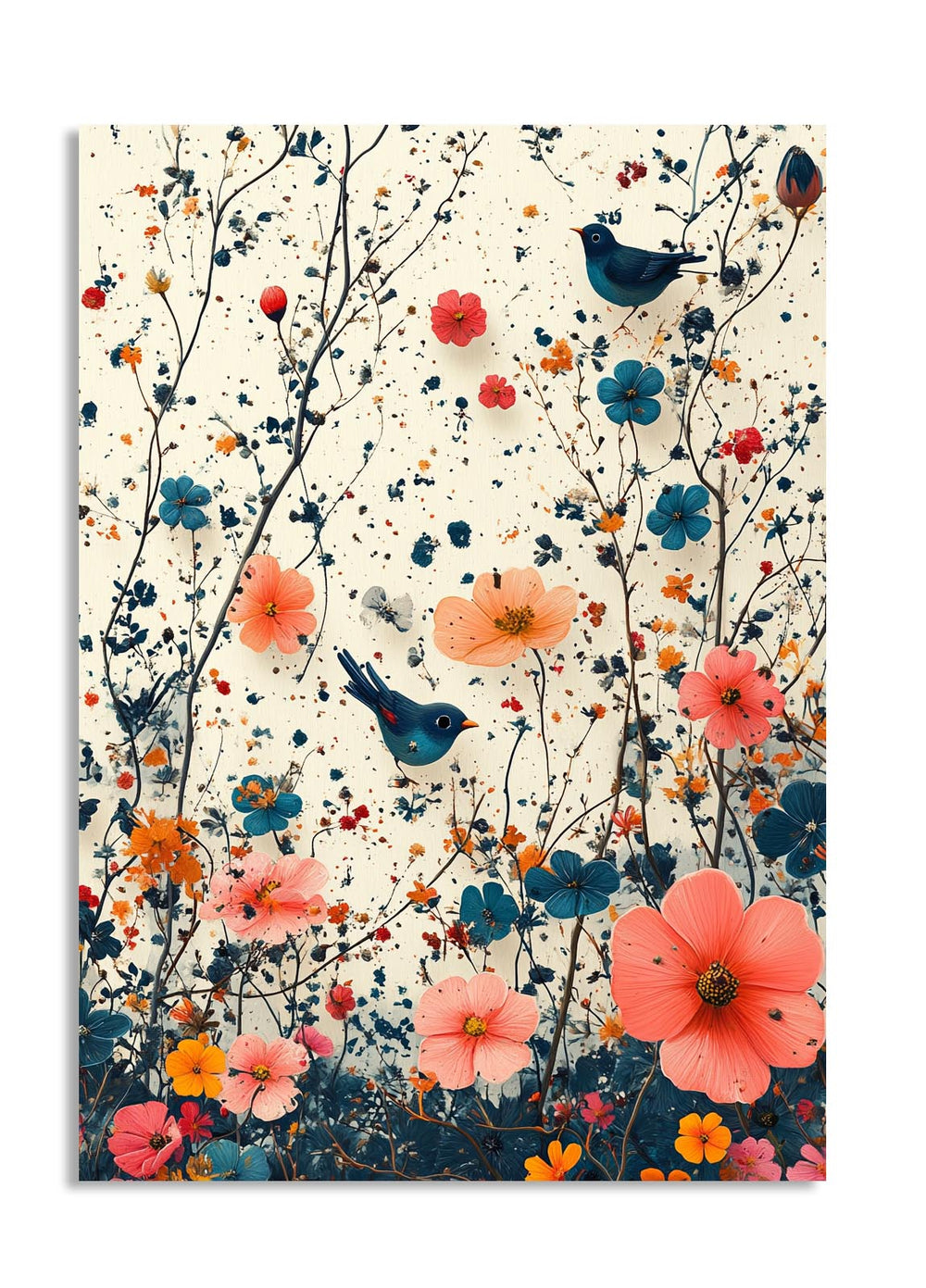 Decorative wall art with colorful flowers and birds on a light background, as a premium aluminum metal print from GoMetalPrint.
