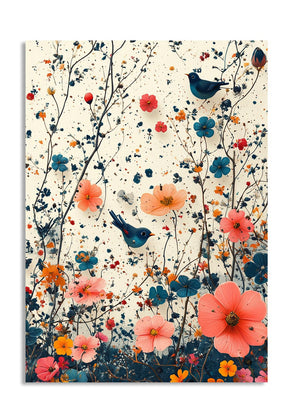 Decorative wall art with colorful flowers and birds on a light background, as a premium aluminum metal print from GoMetalPrint.

