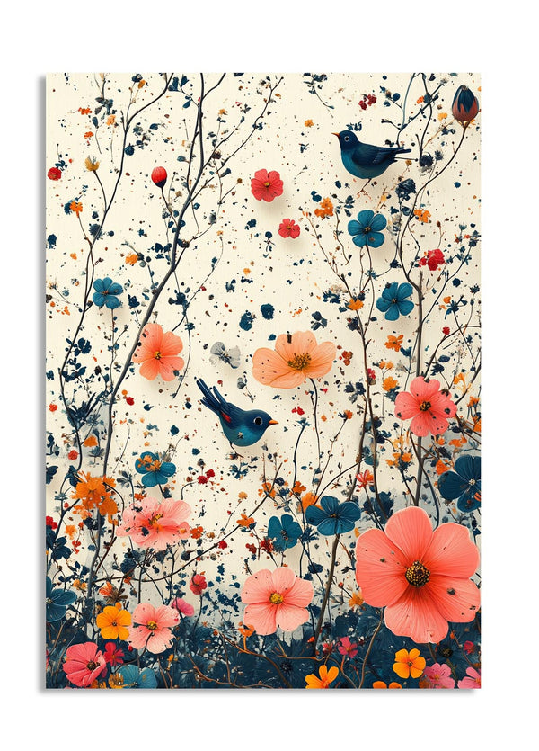 Decorative wall art with colorful flowers and birds on a light background, as a premium aluminum metal print from GoMetalPrint.
