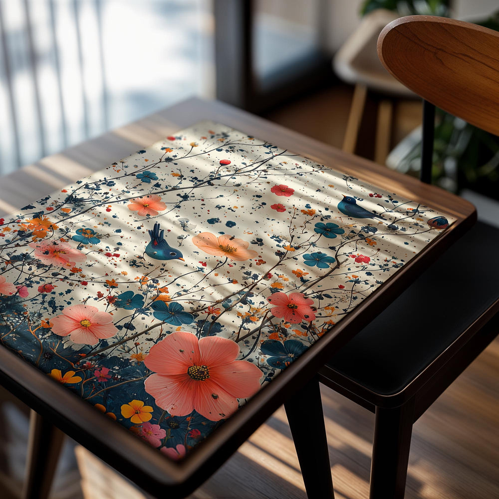 Decorative wall art with colorful flowers and birds on a light background, as a premium aluminum metal print from GoMetalPrint.
