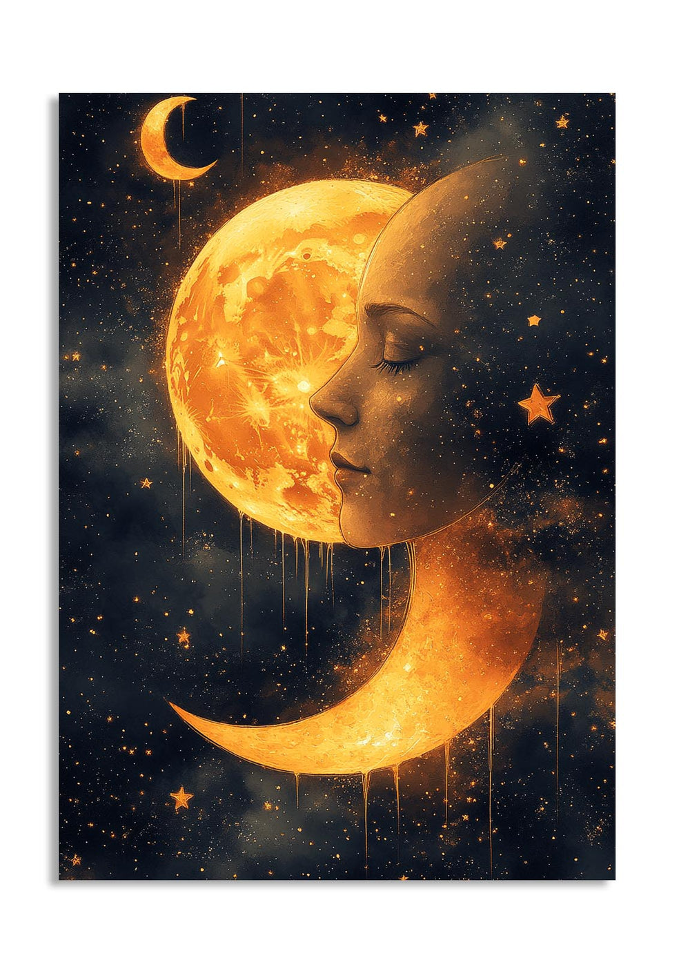 Artistic depiction of a face融合with celestial elements like a moon and stars on a dark background, as a premium aluminum metal print from GoMetalPrint.

