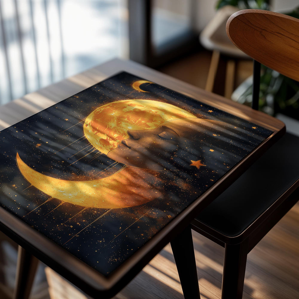 Artistic depiction of a face融合with celestial elements like a moon and stars on a dark background, as a premium aluminum metal print from GoMetalPrint.
