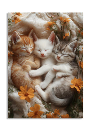 Three kittens sleeping together with orange flowers around them, as a premium aluminum metal print from GoMetalPrint.
