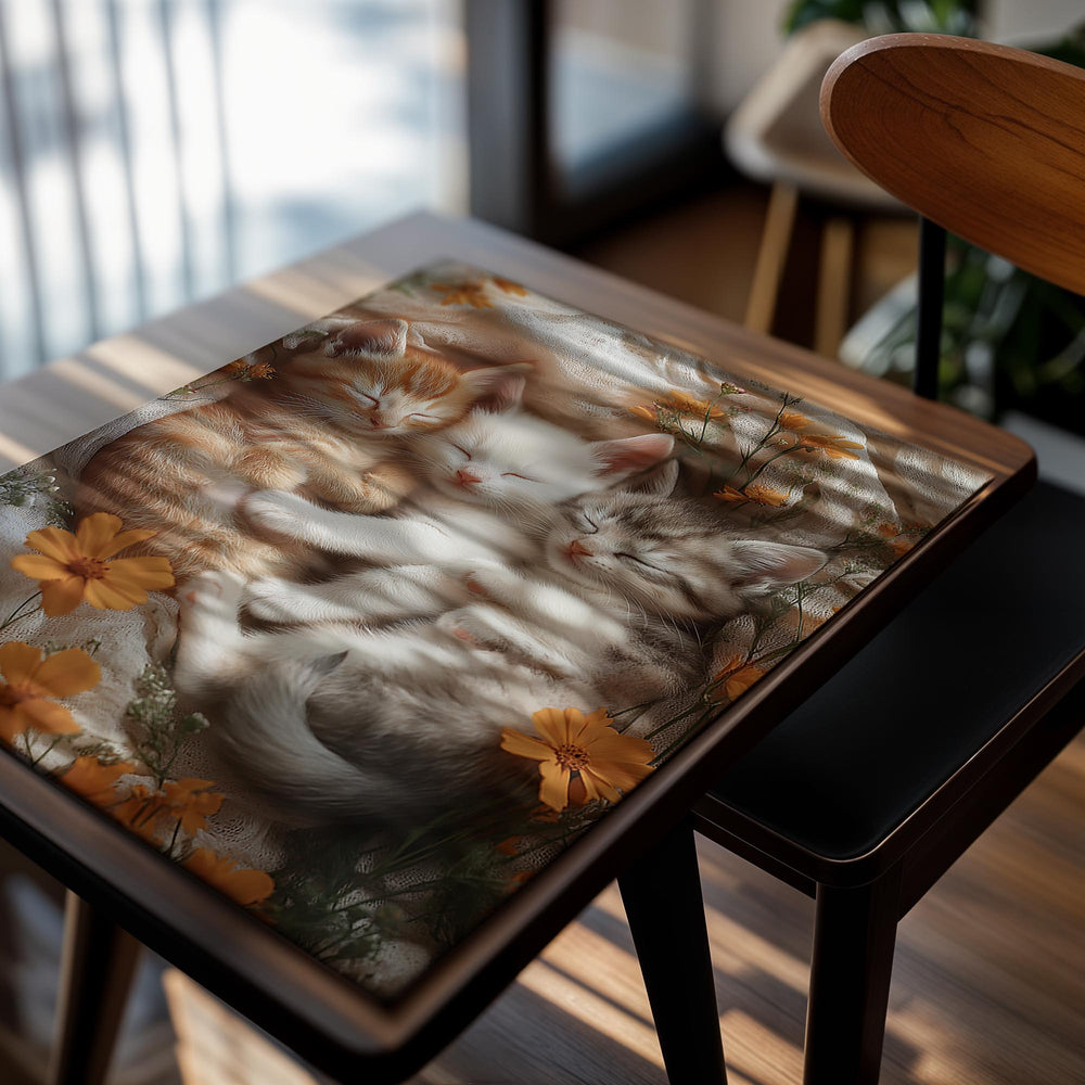 Three kittens sleeping together with orange flowers around them, as a premium aluminum metal print from GoMetalPrint.
