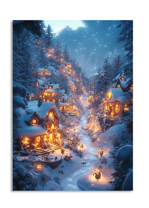Snowy mountain village with lit houses and a stream at night, as a premium aluminum metal print from GoMetalPrint.
