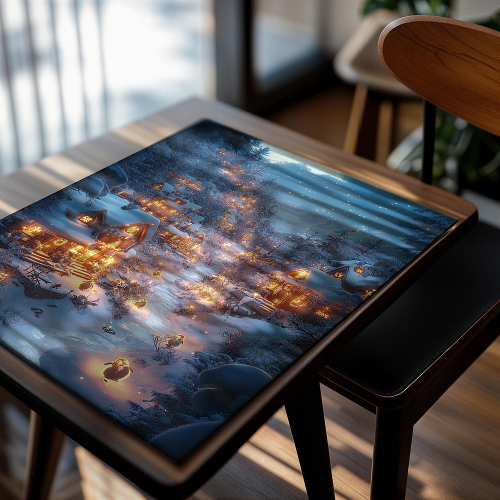 Snowy mountain village with lit houses and a stream at night, as a premium aluminum metal print from GoMetalPrint.
