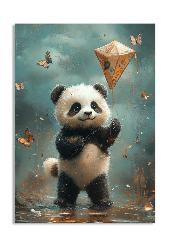 Illustration of a panda holding a kite with butterflies in the background, as a premium aluminum metal print from GoMetalPrint.
