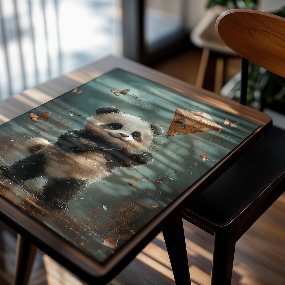 Illustration of a panda holding a kite with butterflies in the background, as a premium aluminum metal print from GoMetalPrint.
