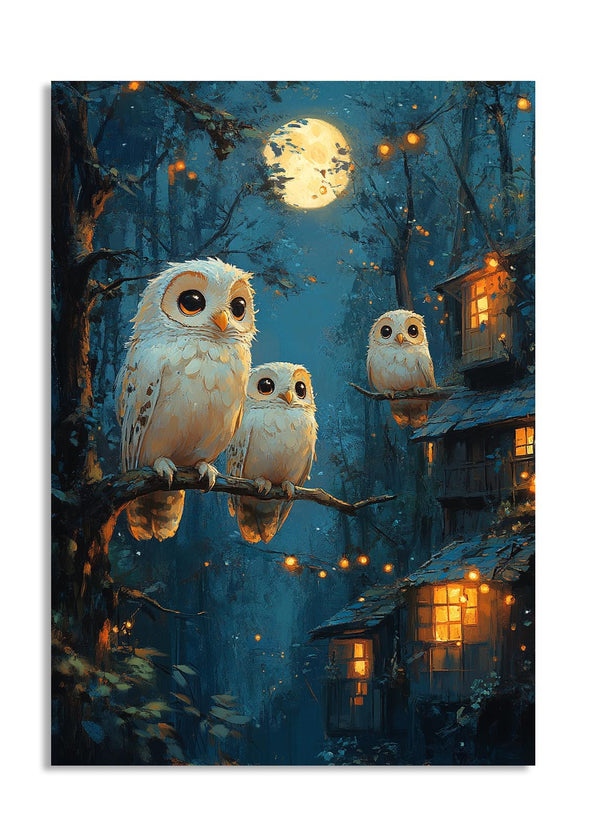 Three owls perched on a branch with a moonlit night scene and cozy cabin in the background, as a premium aluminum metal print from GoMetalPrint.
