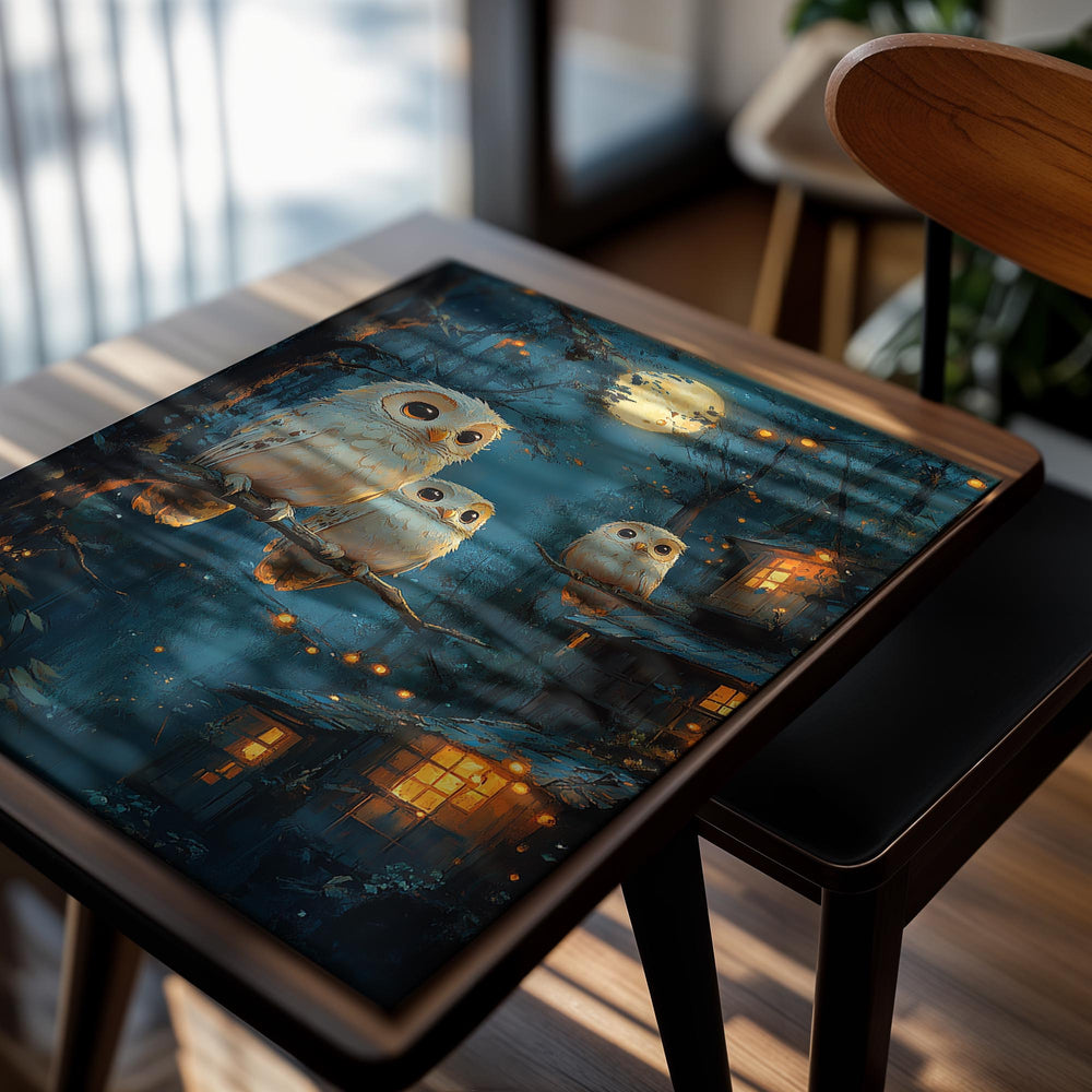 Three owls perched on a branch with a moonlit night scene and cozy cabin in the background, as a premium aluminum metal print from GoMetalPrint.
