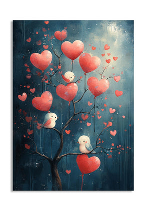 Artistic depiction of birds perched on a tree with red heart-shaped balloons against a dark blue background, as a premium aluminum metal print from GoMetalPrint.
