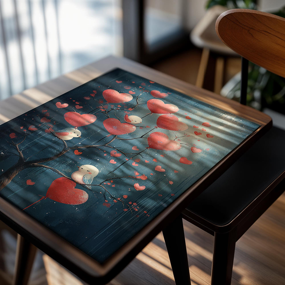 Artistic depiction of birds perched on a tree with red heart-shaped balloons against a dark blue background, as a premium aluminum metal print from GoMetalPrint.
