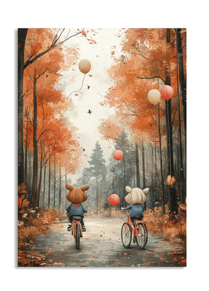 Two children on bicycles with animal heads riding through an autumn forest with balloons, as a premium aluminum metal print from GoMetalPrint.
