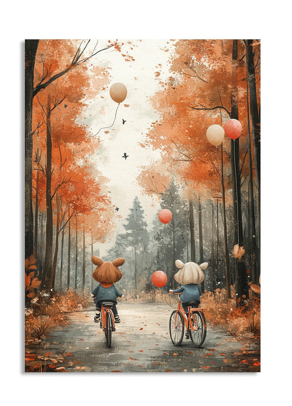 Two children on bicycles with animal heads riding through an autumn forest with balloons, as a premium aluminum metal print from GoMetalPrint.
