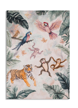 Decorative blanket with jungle animals like a tiger, monkeys, and parrots on a leafy background, as a premium aluminum metal print from GoMetalPrint.
