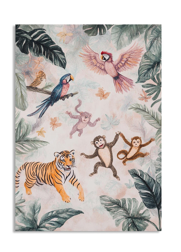 Decorative blanket with jungle animals like a tiger, monkeys, and parrots on a leafy background, as a premium aluminum metal print from GoMetalPrint.
