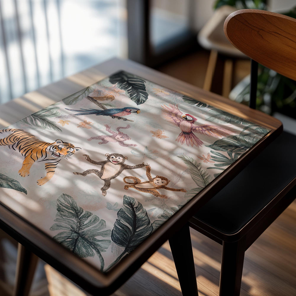 Decorative blanket with jungle animals like a tiger, monkeys, and parrots on a leafy background, as a premium aluminum metal print from GoMetalPrint.
