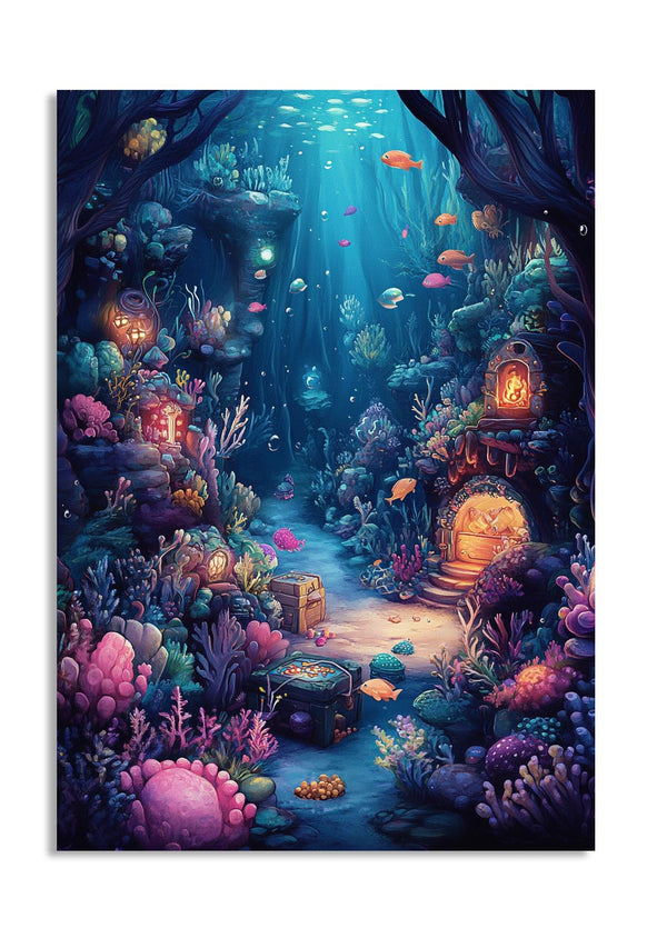 Colorful underwater scene with glowing lights and marine life, as a premium aluminum metal print from GoMetalPrint.
