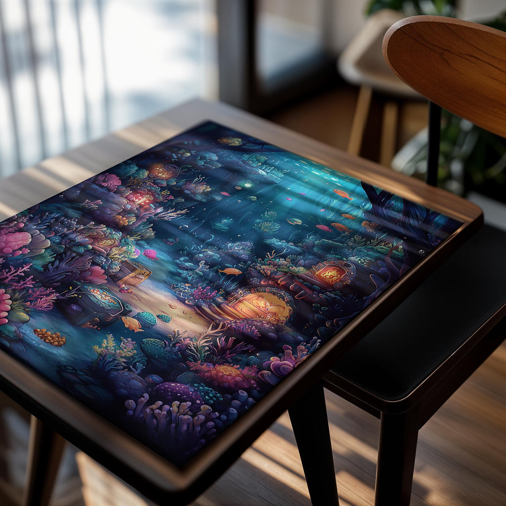 Colorful underwater scene with glowing lights and marine life, as a premium aluminum metal print from GoMetalPrint.
