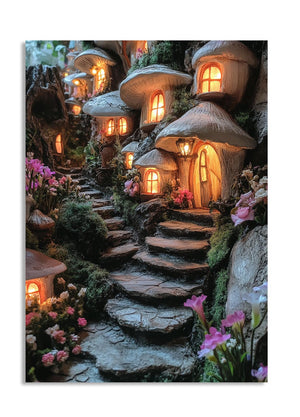 Fairy tale mushroom houses with glowing lights and stone steps in a garden setting , as a premium aluminum metal print from GoMetalPrint.
