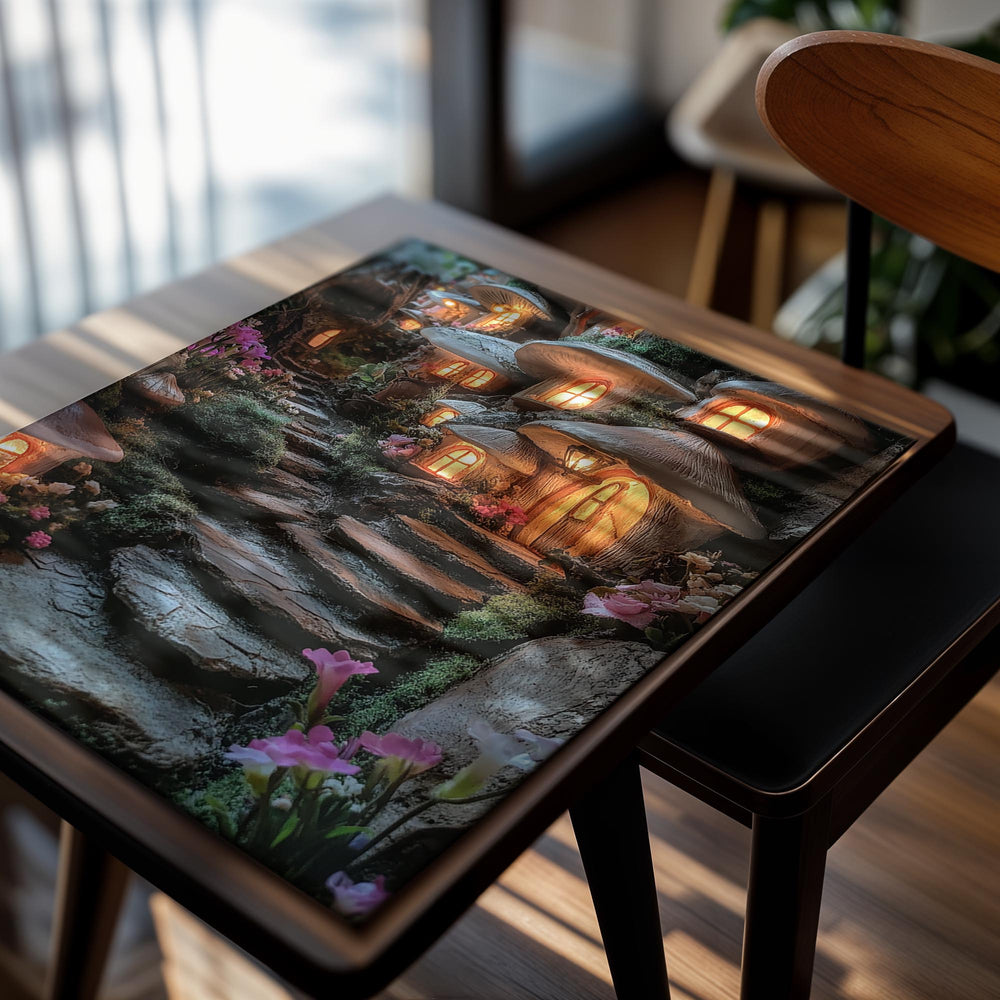 Fairy tale mushroom houses with glowing lights and stone steps in a garden setting , as a premium aluminum metal print from GoMetalPrint.
