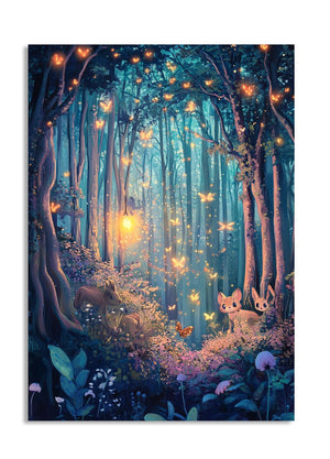 Fantasy forest scene with glowing butterflies and a cat-like creature, as a premium aluminum metal print from GoMetalPrint.
