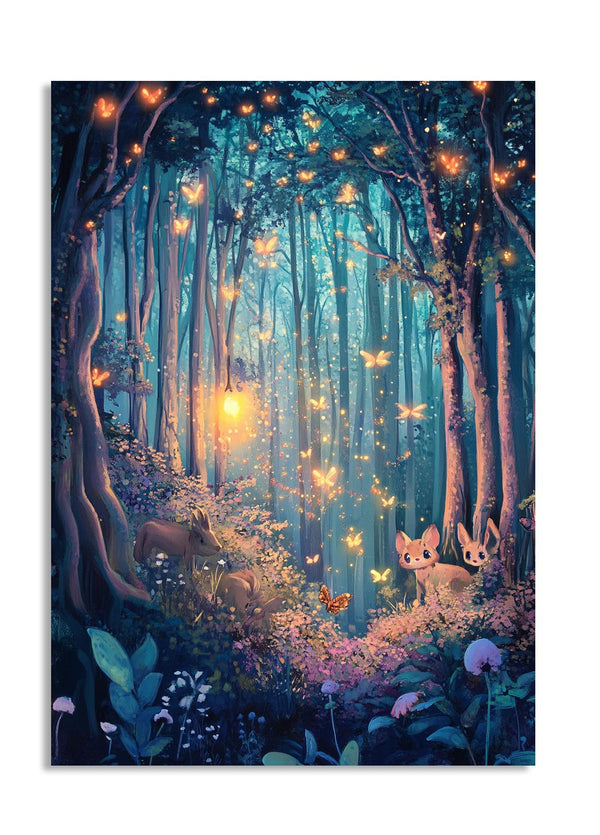 Fantasy forest scene with glowing butterflies and a cat-like creature, as a premium aluminum metal print from GoMetalPrint.
