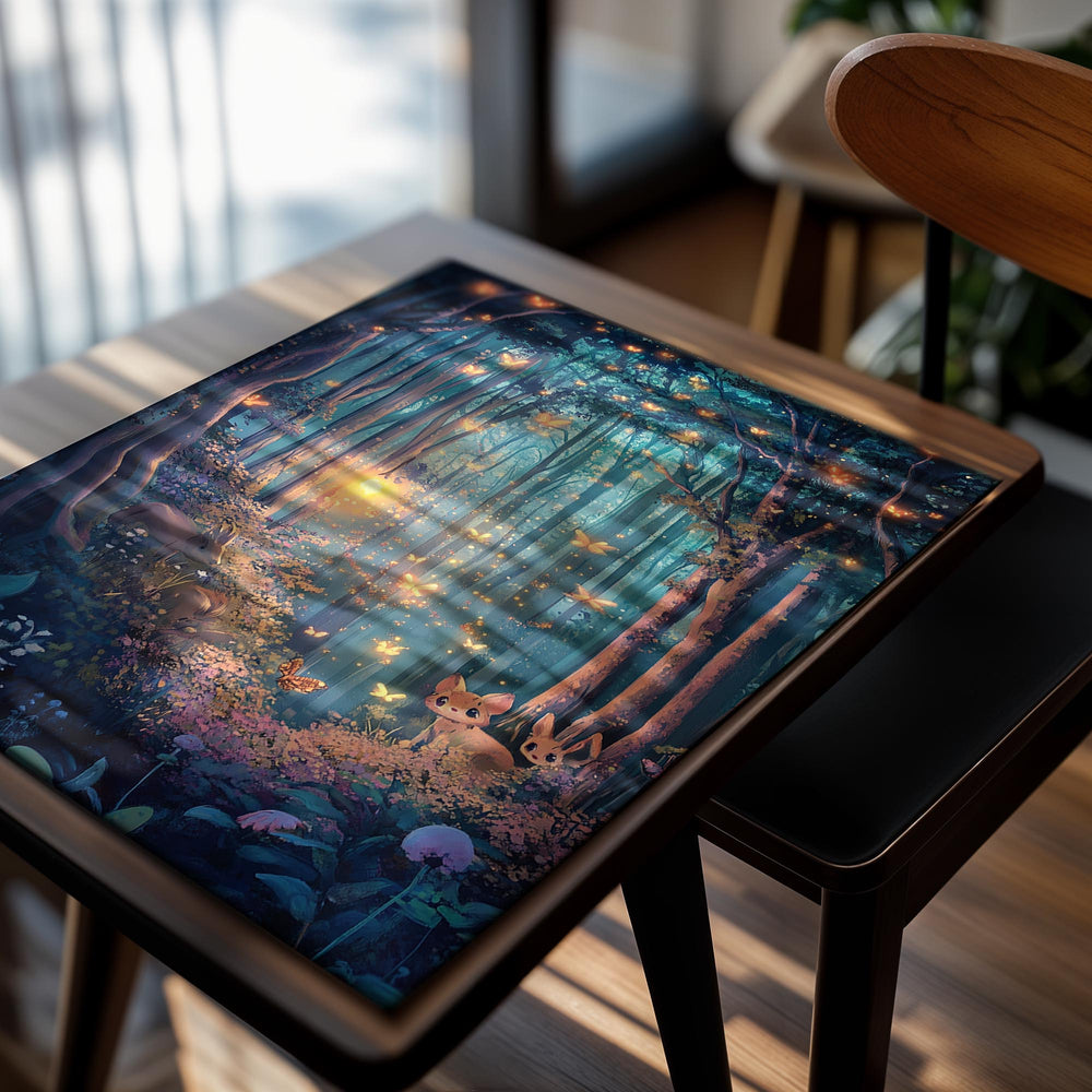 Fantasy forest scene with glowing butterflies and a cat-like creature, as a premium aluminum metal print from GoMetalPrint.
