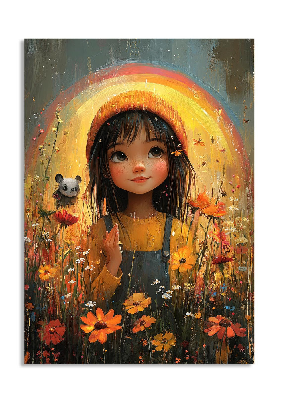 Illustration of a girl in a yellow shirt and blue overalls surrounded by flowers and a rainbow, as a premium aluminum metal print from GoMetalPrint.
