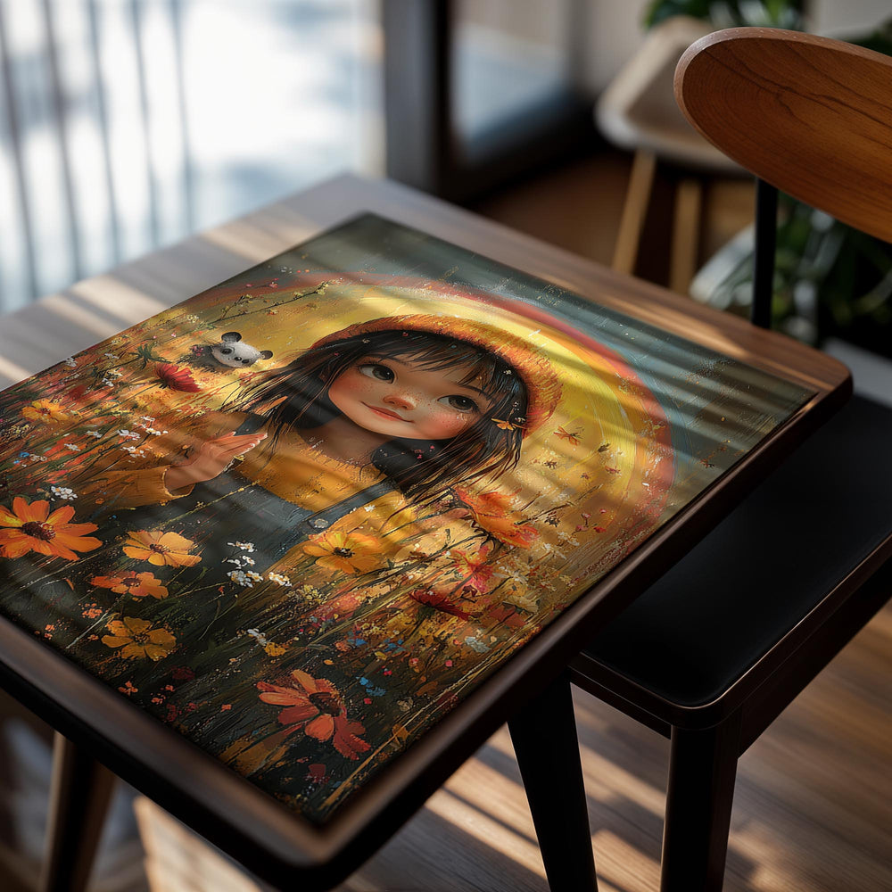 Illustration of a girl in a yellow shirt and blue overalls surrounded by flowers and a rainbow, as a premium aluminum metal print from GoMetalPrint.
