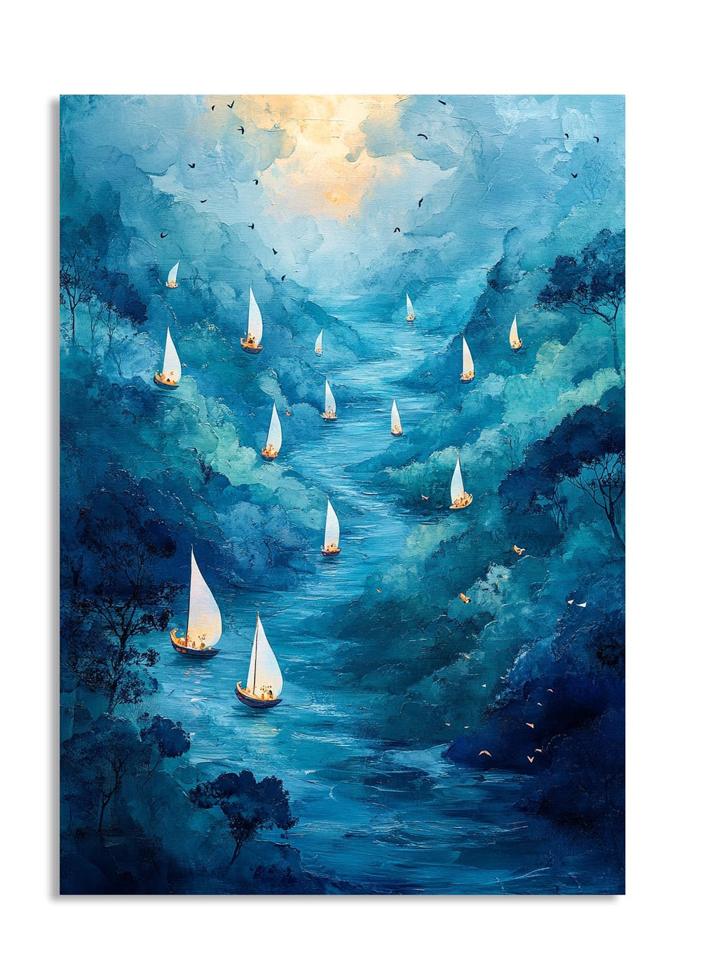 Artistic depiction of sailboats on a blue river with a mountainous landscape, as a premium aluminum metal print from GoMetalPrint.
