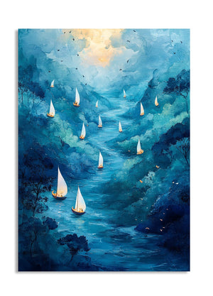 Artistic depiction of sailboats on a blue river with a mountainous landscape, as a premium aluminum metal print from GoMetalPrint.
