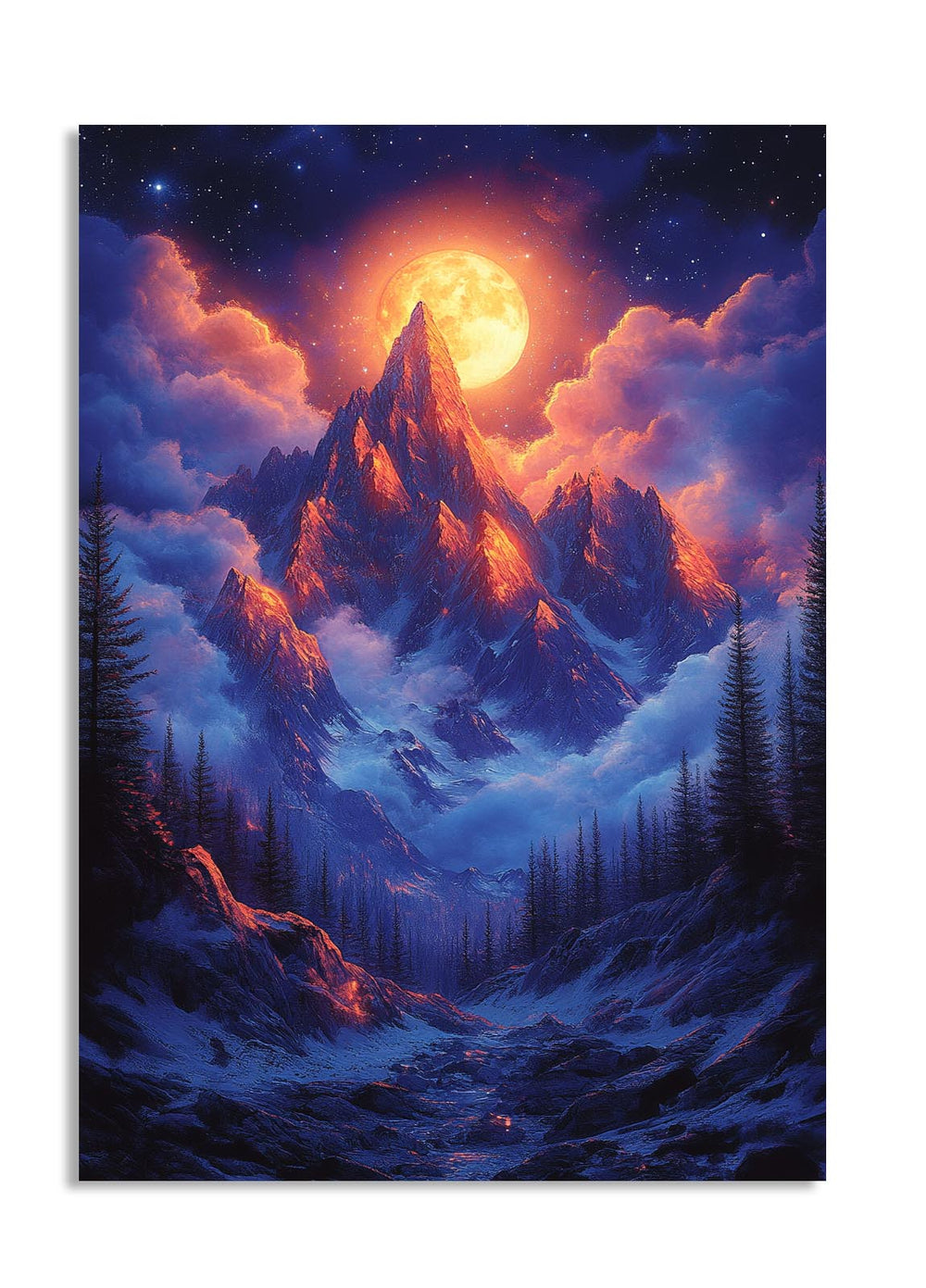 Mountain peak illuminated by a bright moon in a starry sky with clouds, as a premium aluminum metal print from GoMetalPrint.
