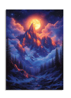 Mountain peak illuminated by a bright moon in a starry sky with clouds, as a premium aluminum metal print from GoMetalPrint.
