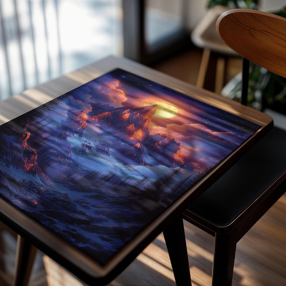 Mountain peak illuminated by a bright moon in a starry sky with clouds, as a premium aluminum metal print from GoMetalPrint.
