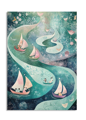 Illustration of sailboats with cats on a wavy path with flowers and butterflies, as a premium aluminum metal print from GoMetalPrint.
