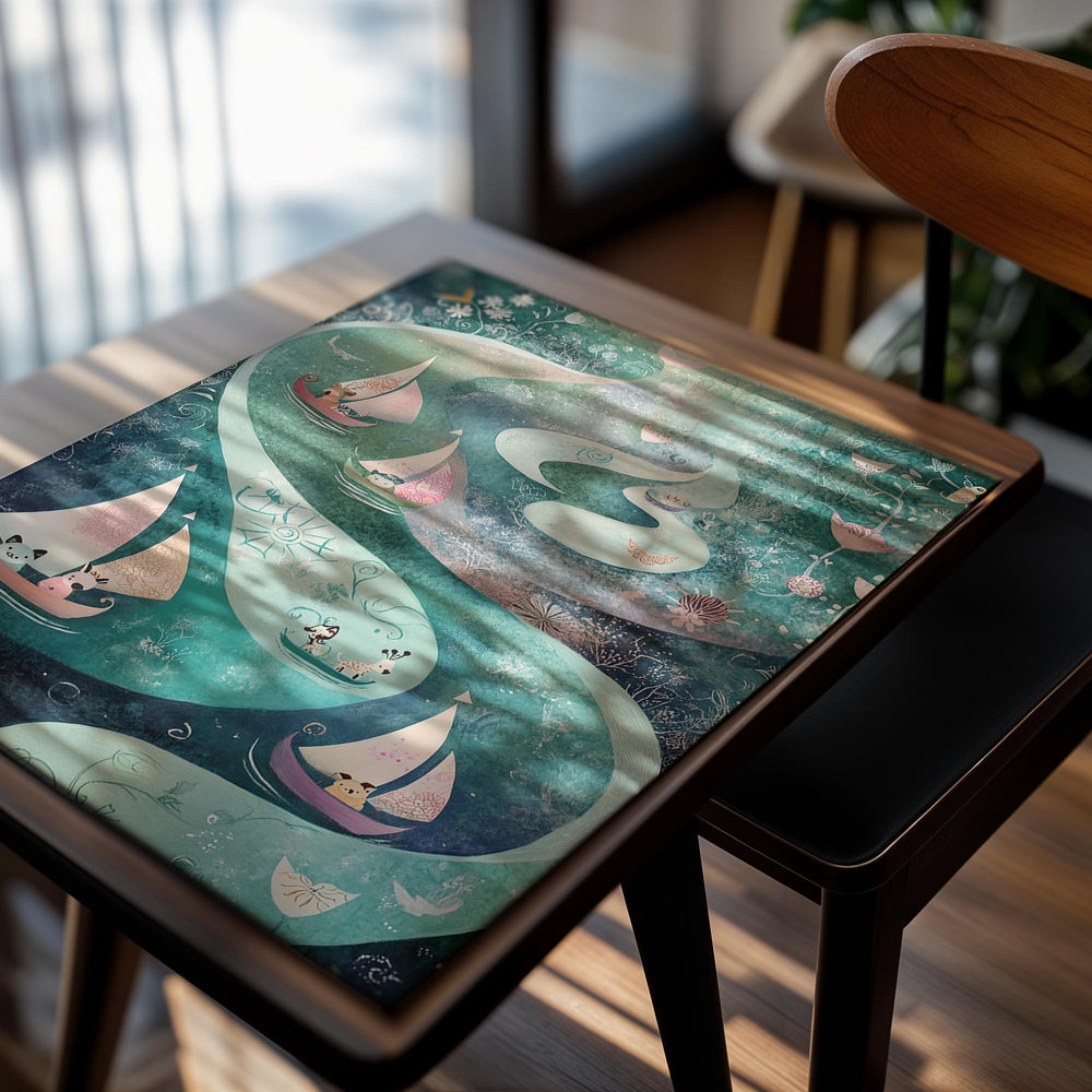 Illustration of sailboats with cats on a wavy path with flowers and butterflies, as a premium aluminum metal print from GoMetalPrint.
