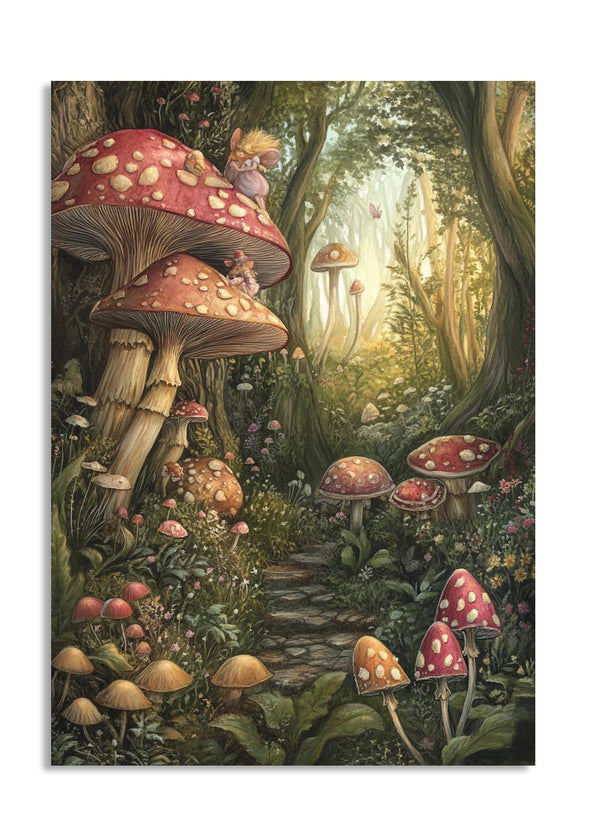 Illustration of a fairy among mushrooms in a forest, as a premium aluminum metal print from GoMetalPrint.
