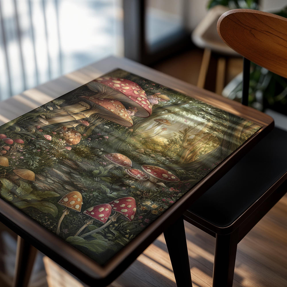 Illustration of a fairy among mushrooms in a forest, as a premium aluminum metal print from GoMetalPrint.
