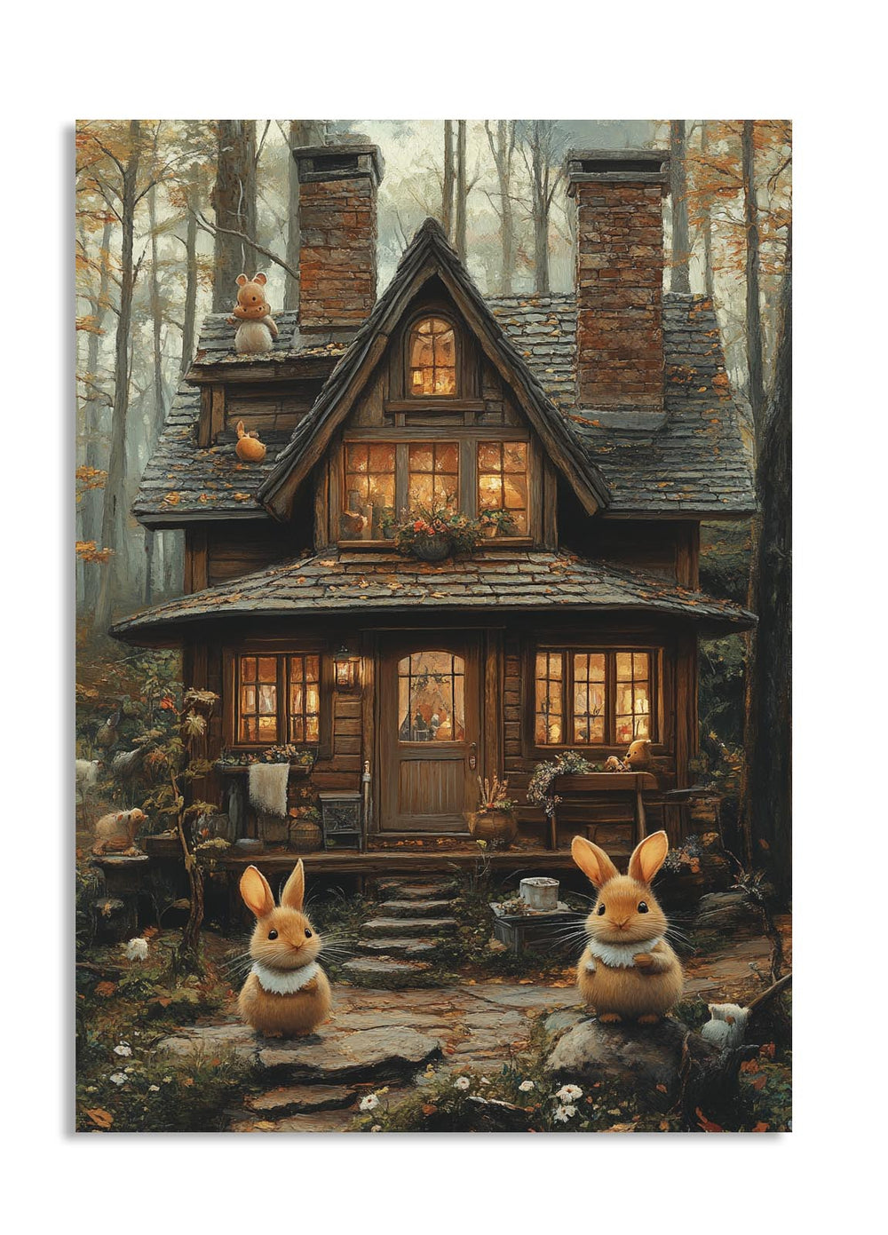 Wooden cabin in the woods with two animated rabbits in front, as a premium aluminum metal print from GoMetalPrint.
