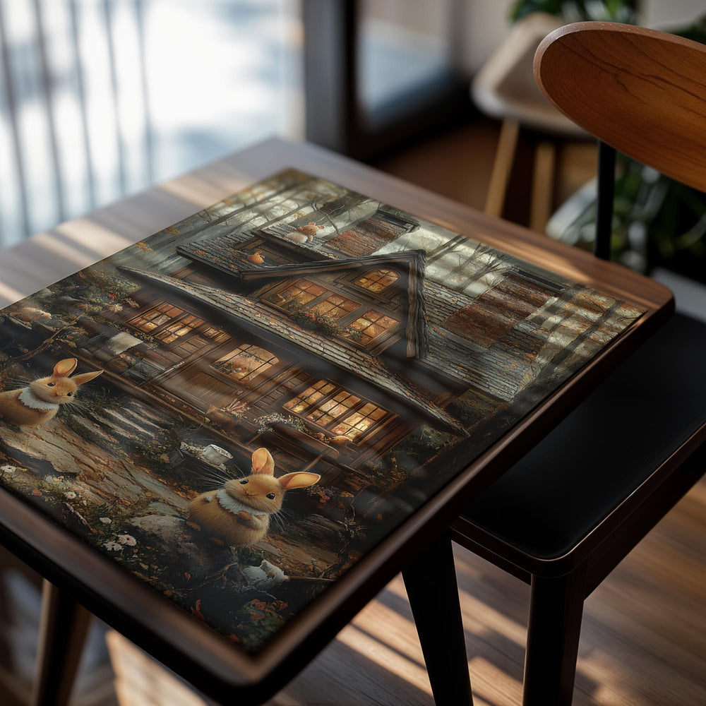 Wooden cabin in the woods with two animated rabbits in front, as a premium aluminum metal print from GoMetalPrint.
