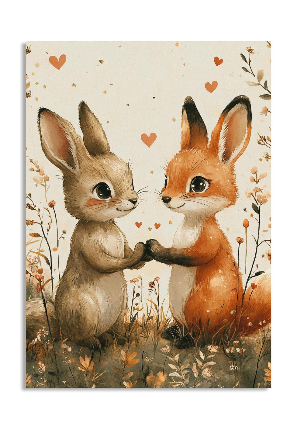 Illustration of a rabbit and a fox holding hands with hearts around them on a beige background, as a premium aluminum metal print from GoMetalPrint.
