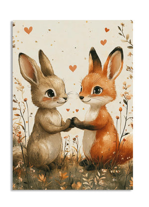 Illustration of a rabbit and a fox holding hands with hearts around them on a beige background, as a premium aluminum metal print from GoMetalPrint.
