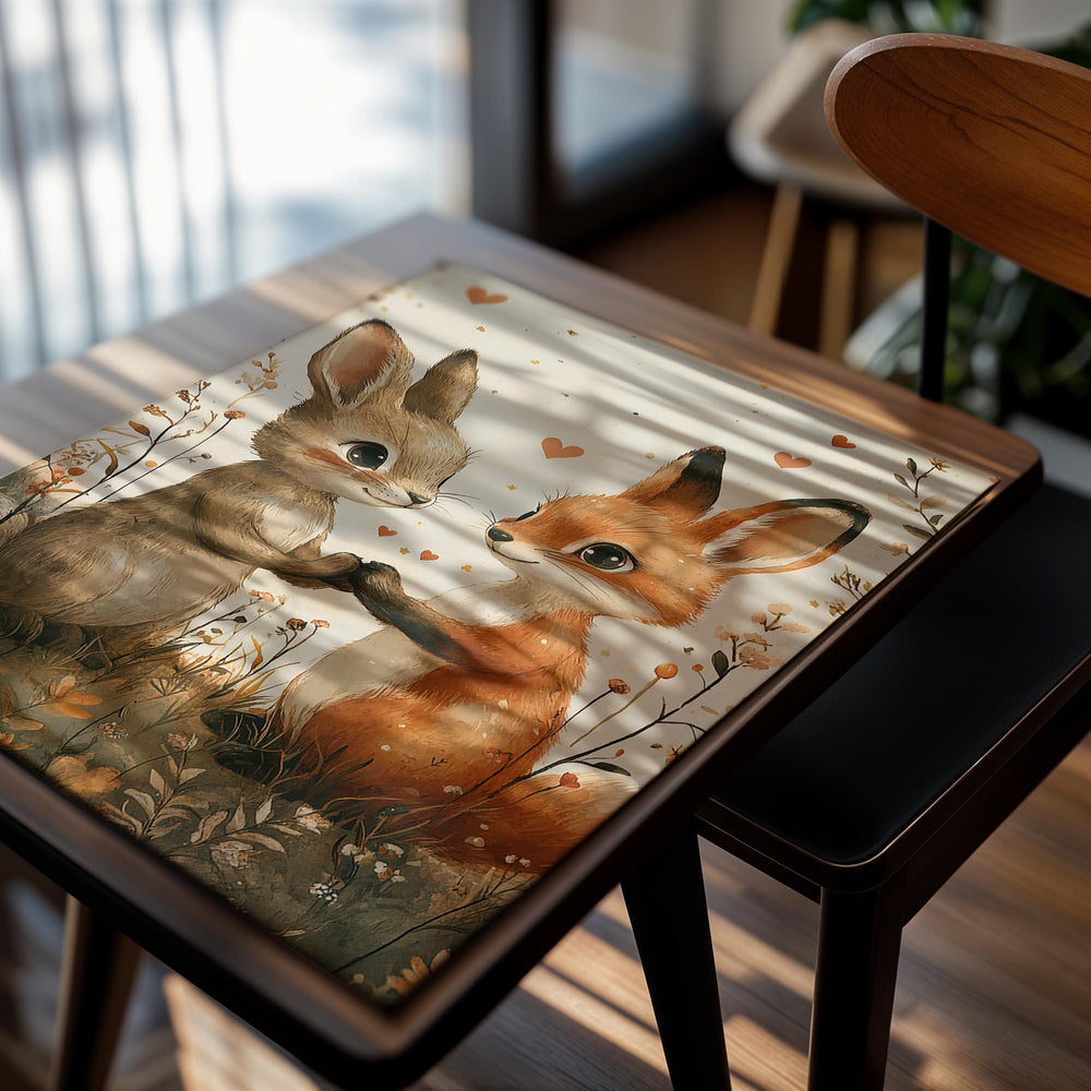 Illustration of a rabbit and a fox holding hands with hearts around them on a beige background, as a premium aluminum metal print from GoMetalPrint.
