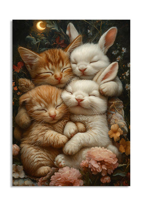 Two cats and two rabbits hugging each other with flowers and a moon in the background, as a premium aluminum metal print from GoMetalPrint.
