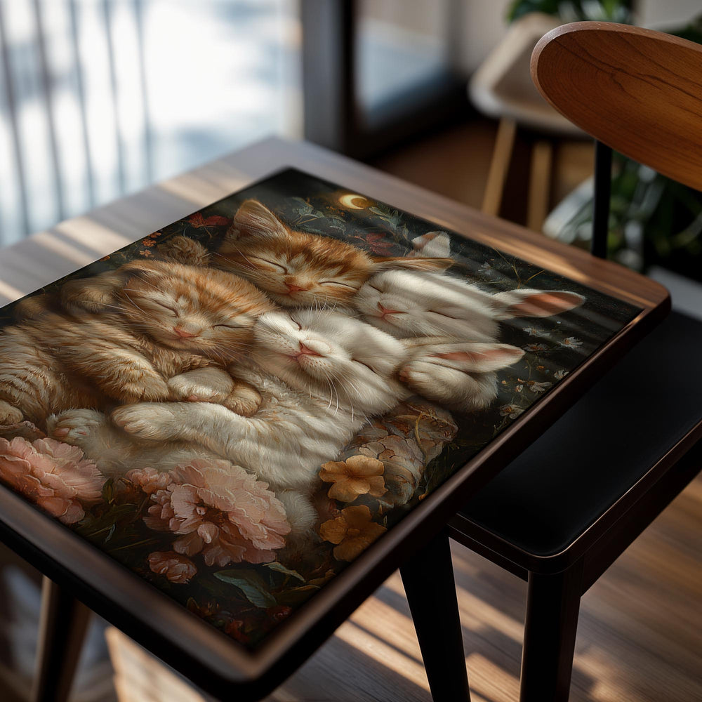 Two cats and two rabbits hugging each other with flowers and a moon in the background, as a premium aluminum metal print from GoMetalPrint.
