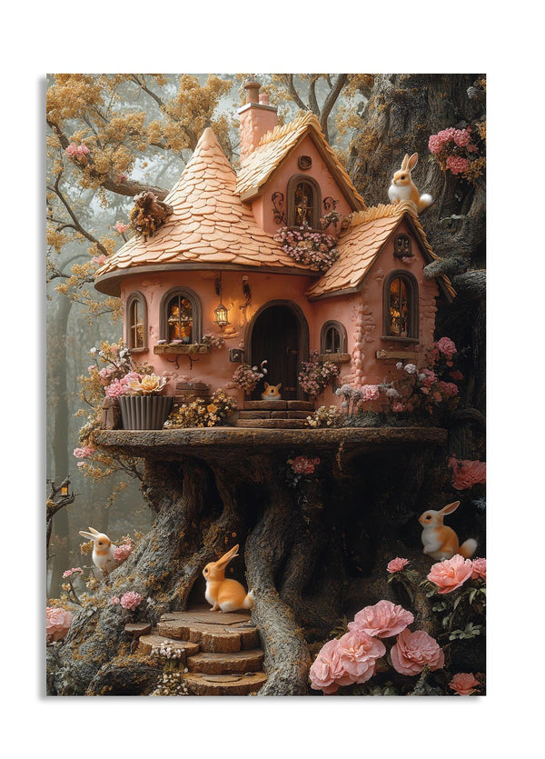 Fantasy fairy house with decorative elements and animals in a garden setting , as a premium aluminum metal print from GoMetalPrint.
