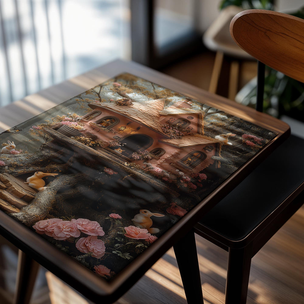 Fantasy fairy house with decorative elements and animals in a garden setting , as a premium aluminum metal print from GoMetalPrint.
